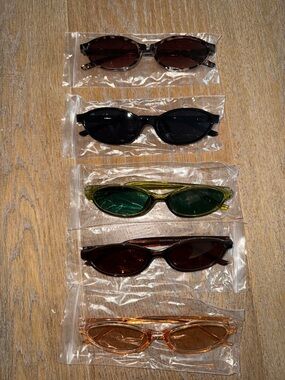 Set of 5 Slim Cat-Eye Sunglasses - Brown, Black, Green, Dark Brown, Amber